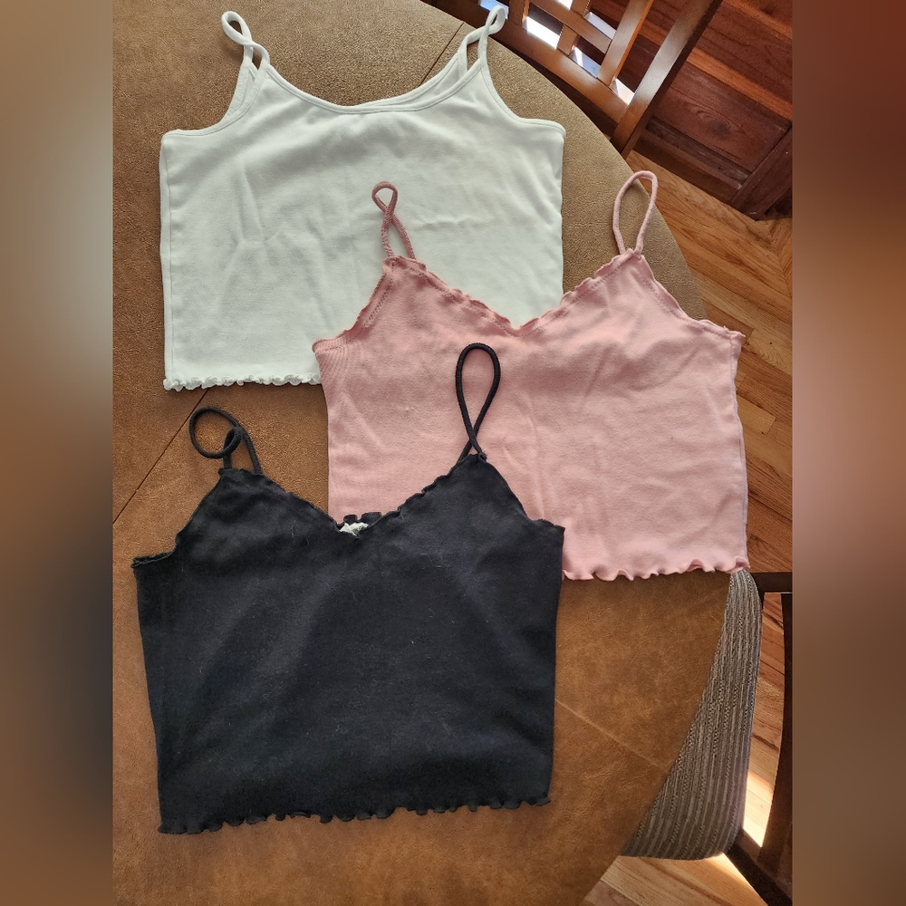 3 Crop Tanks Pale Pink and Black (Cotton On Large) with white (Gap petite large)